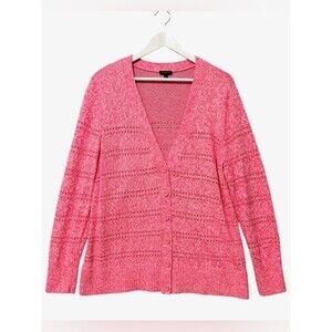 Talbots Eyelet Button Up Cardigan Sweater Size Large Pink White Marl 100% Cotton